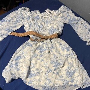 Wallflower Blue Floral Kids Dress with Tan Belt